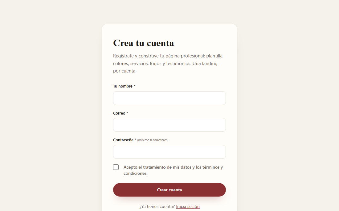 Captura real del registro de Landing Studio